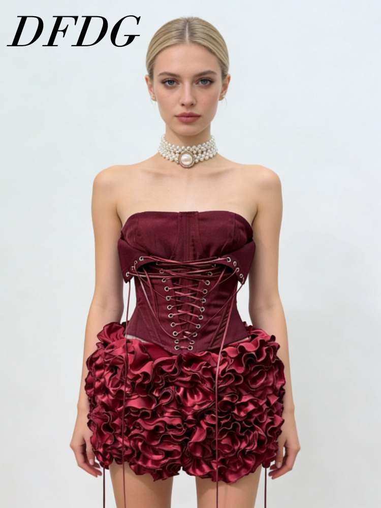 Women Formal Wear With Skirt - DFDG Women's Spring Summer Strapless Lace