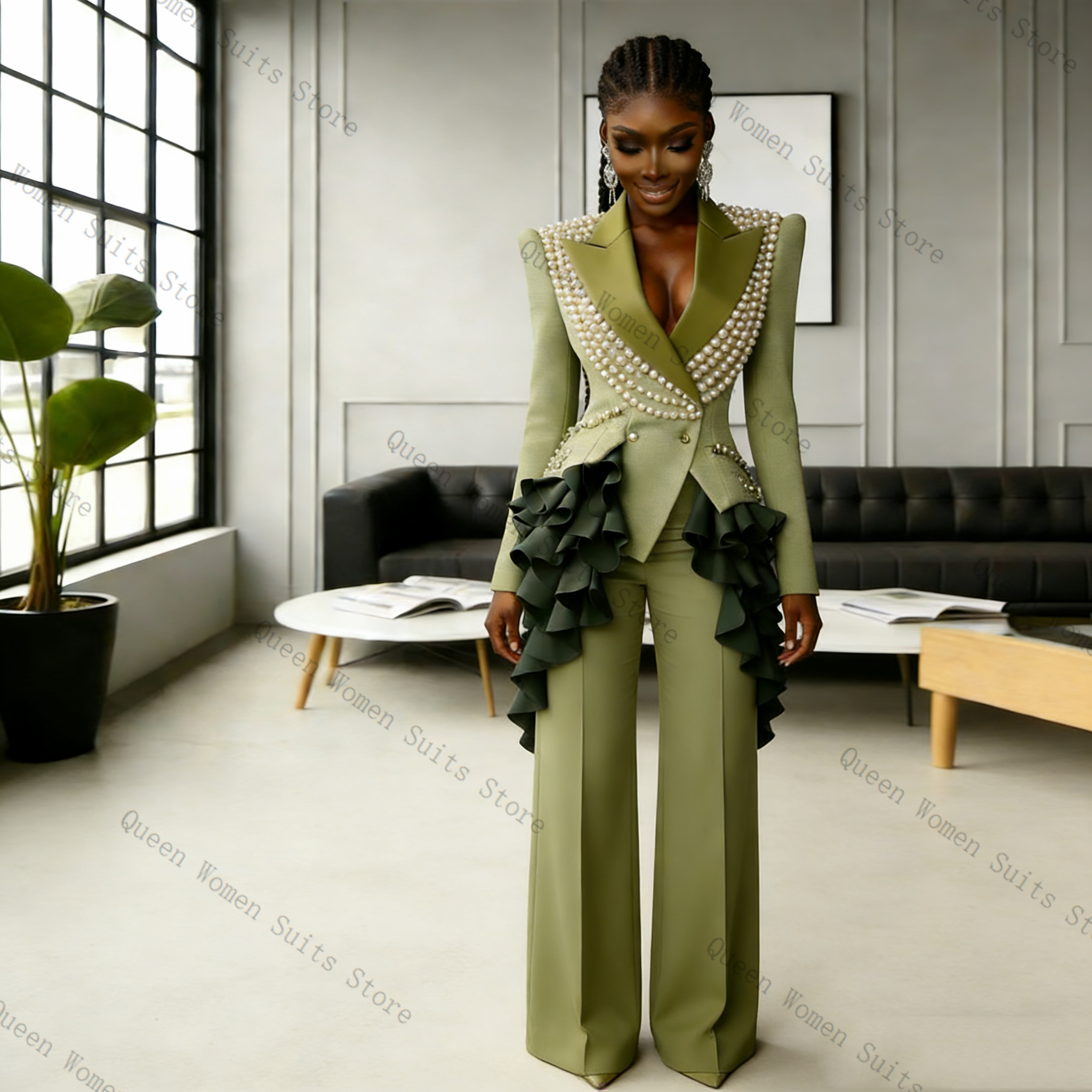 Women'S Green Formal Wear - Luxury Pearls Women Suit Pants Set