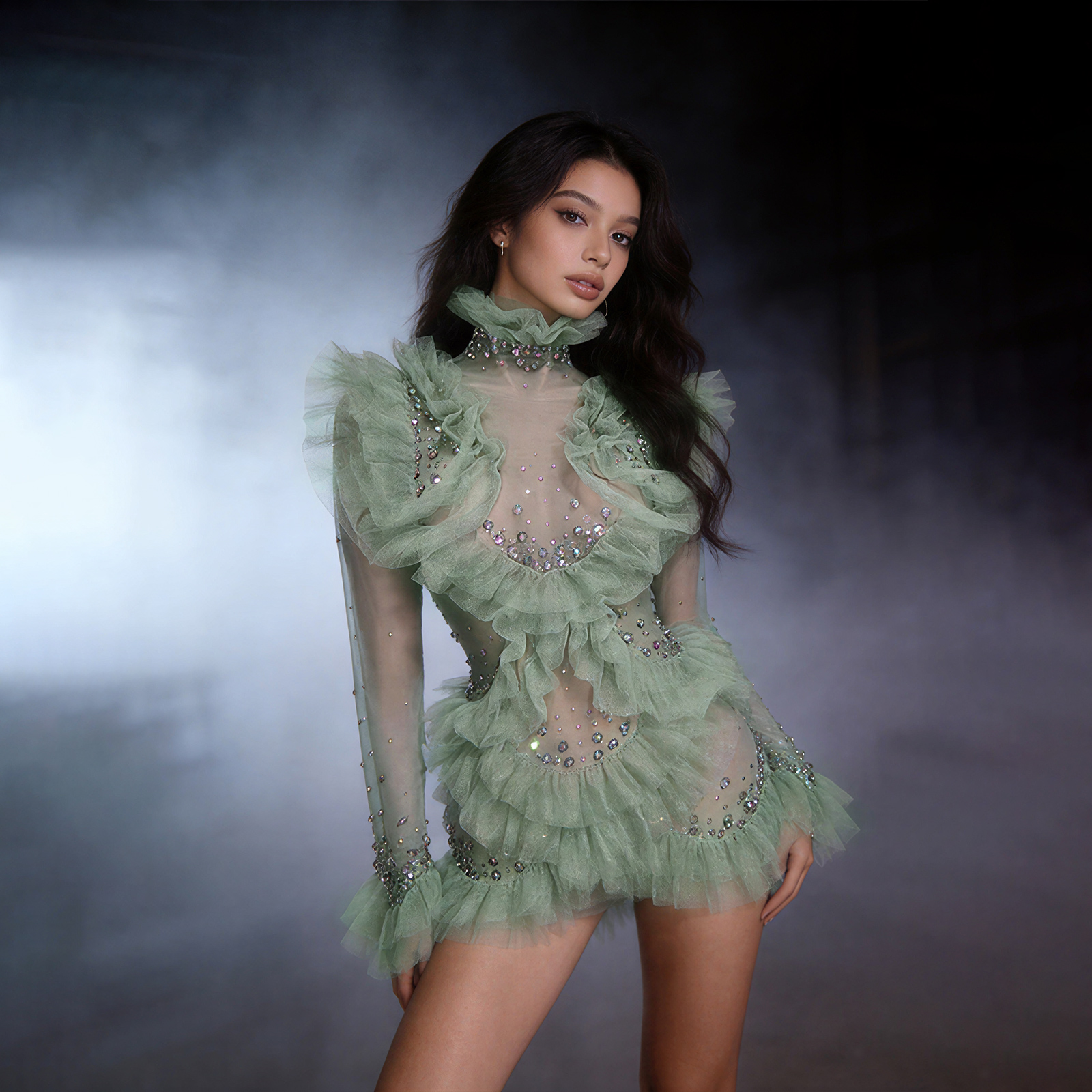 Sage Green Mesh Ruffle Tulle M - Women'S Green Formal Wear ulasan dan harga