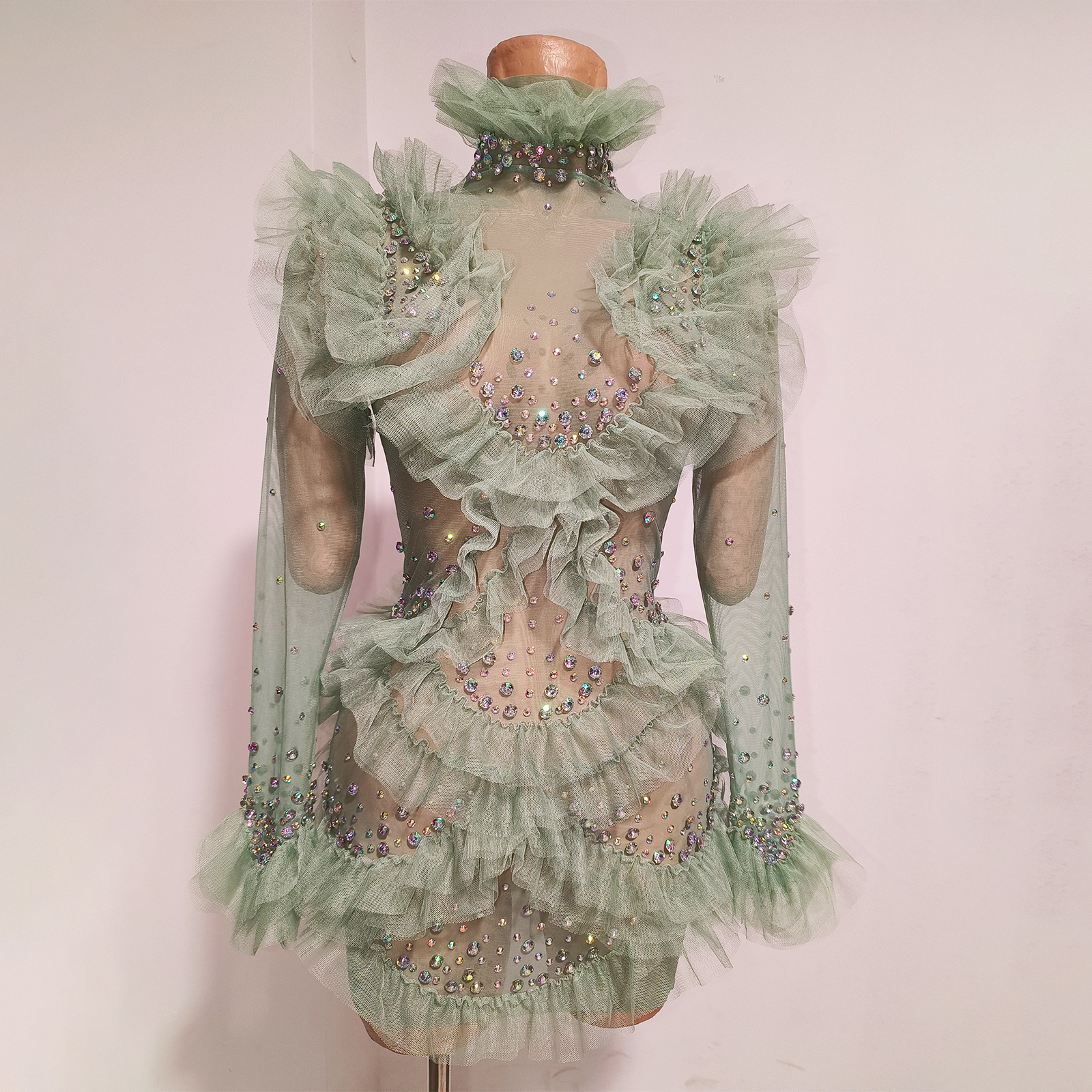Sage Green Mesh Ruffle Tulle M - Women'S Green Formal Wear ulasan dan harga