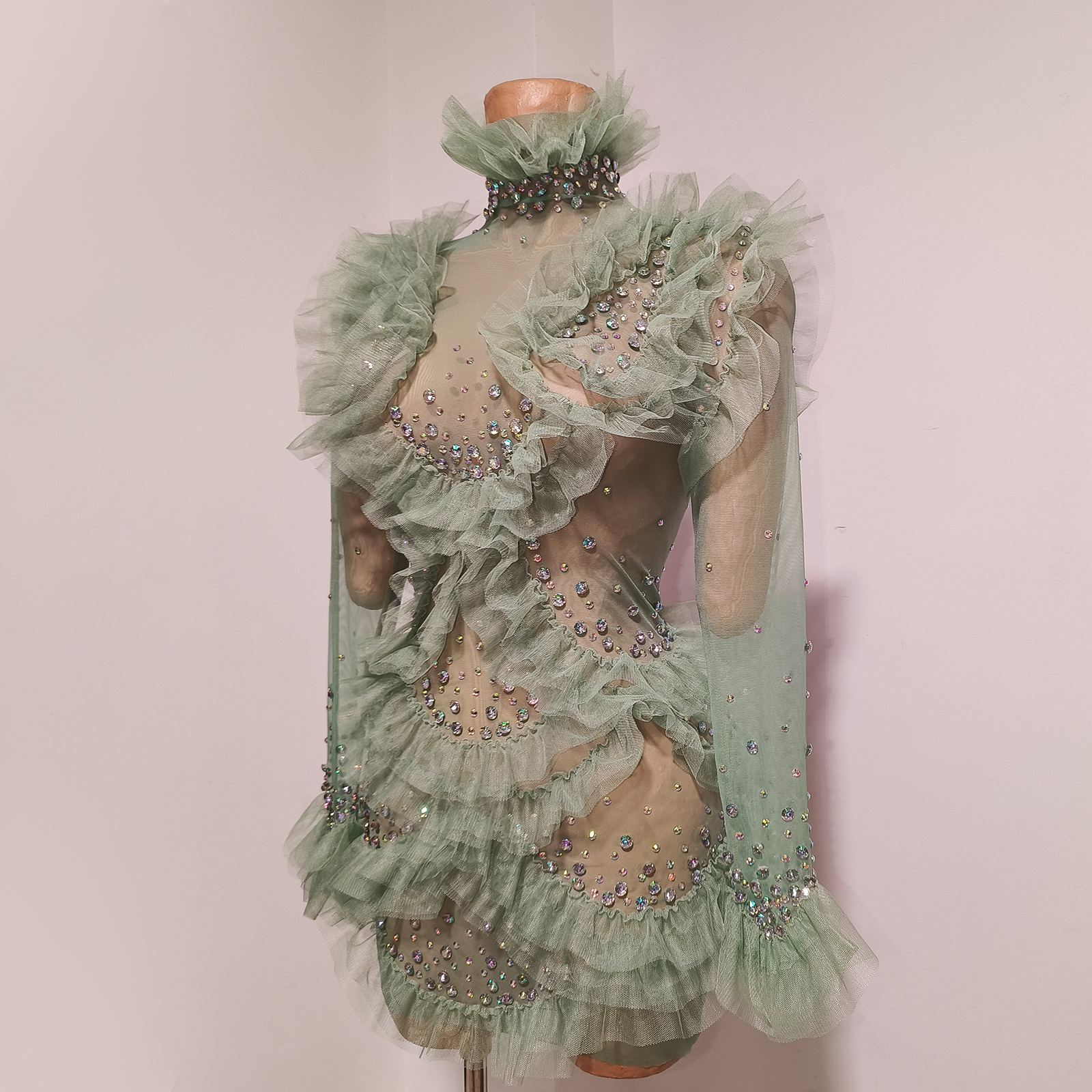 Sage Green Mesh Ruffle Tulle M - Women'S Green Formal Wear ulasan dan harga