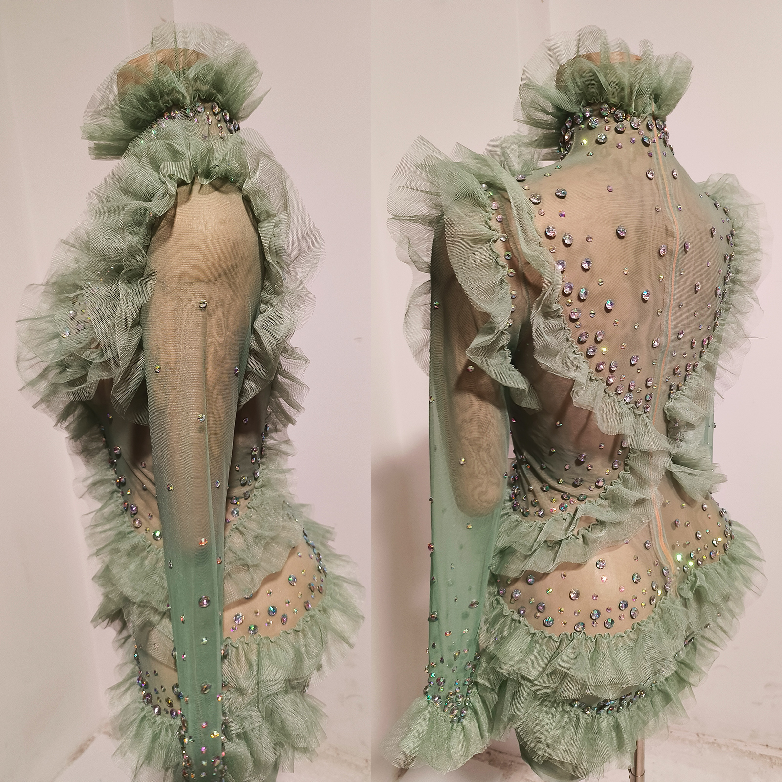 Sage Green Mesh Ruffle Tulle M - Women'S Green Formal Wear ulasan dan harga