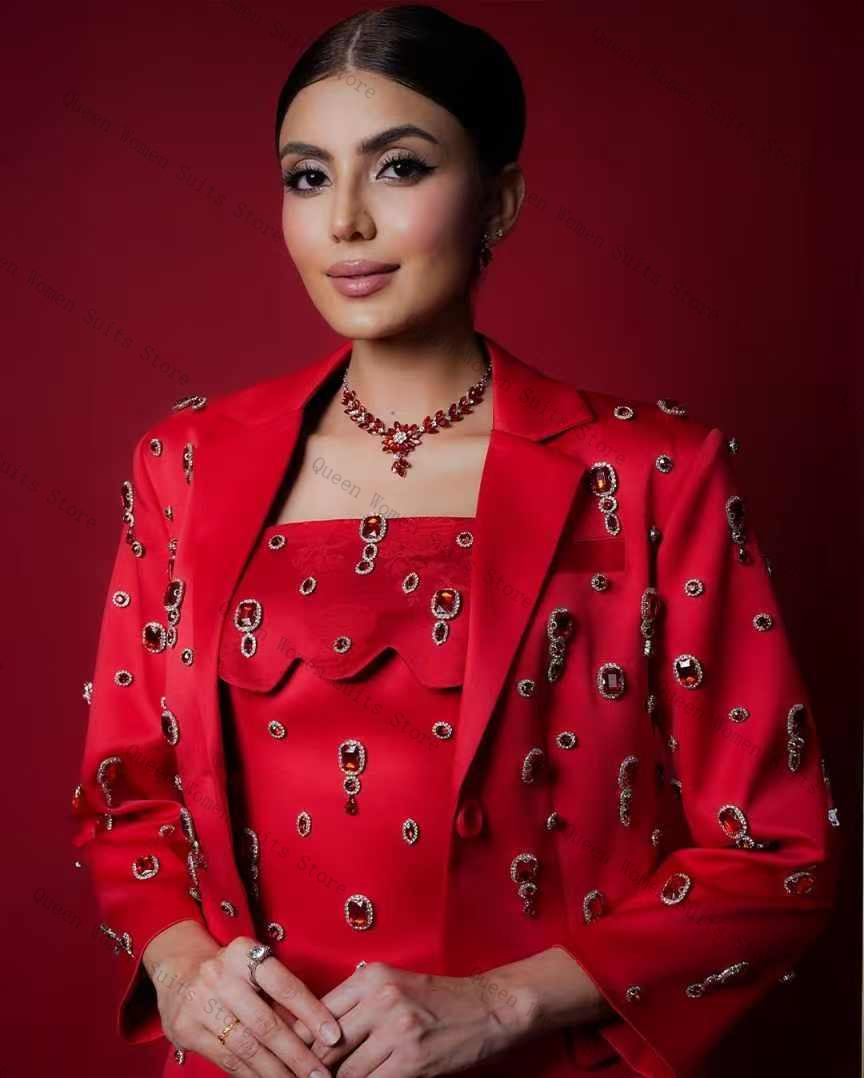 Luxury Red Crystals Women Suit - Women Formal Wear With Skirt ulasan dan harga