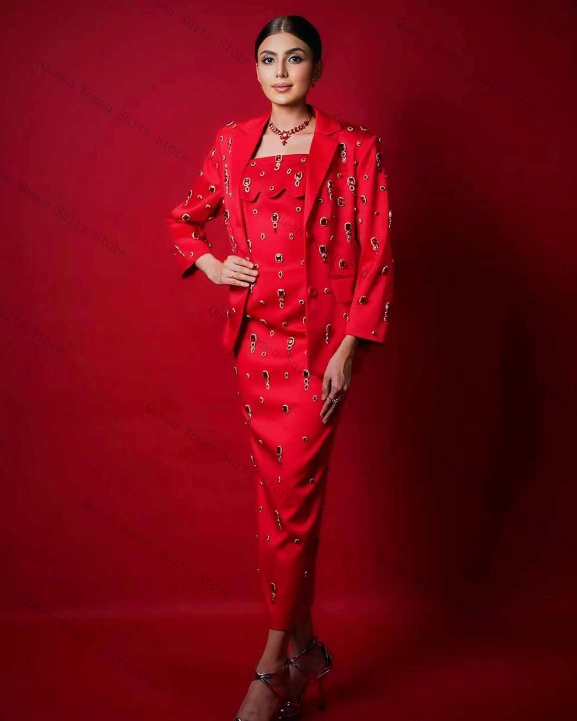 Luxury Red Crystals Women Suit - Women Formal Wear With Skirt ulasan dan harga