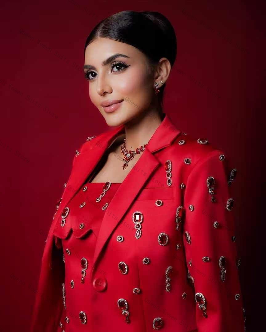 Luxury Red Crystals Women Suit - Women Formal Wear With Skirt ulasan dan harga