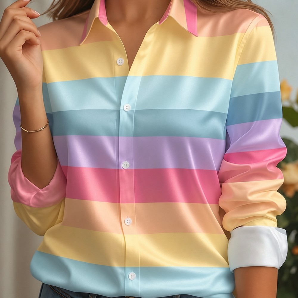 Women Satin Lapel Collar Shirt - Silk Blouse Button ulasan dan harga