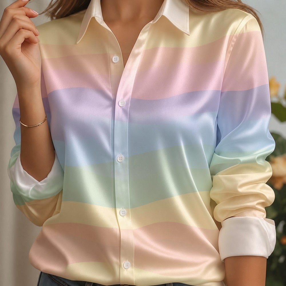 Women Satin Lapel Collar Shirt - Silk Blouse Button ulasan dan harga