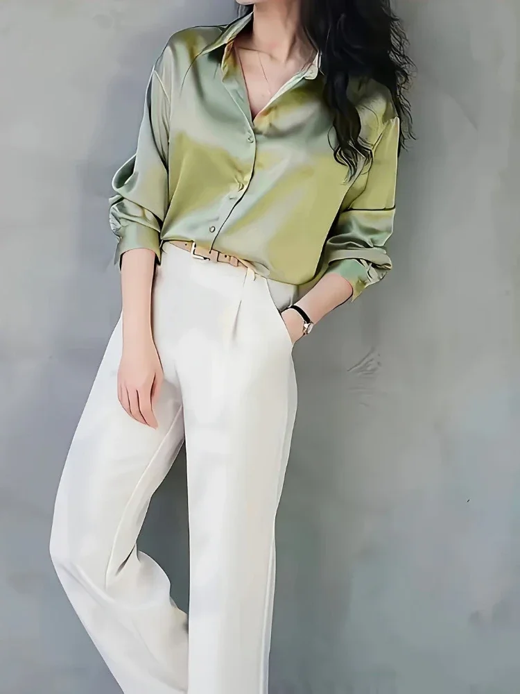 Plus Size Shirts 2025 Loose Ca - Silk Blouse Button ulasan dan harga