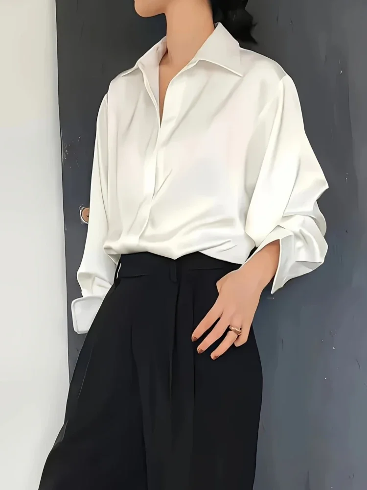 Plus Size Shirts 2025 Loose Ca - Silk Blouse Button ulasan dan harga